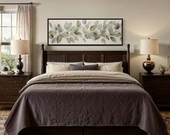 Farmhouse Wall Art, Minimalist Eucalyptus Leaves Painted On Rustic Wood Canvas Print - Panoramic Long Horizontal Art, Bedroom Decor