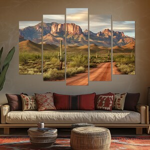 5 Piece Southwestern Desert Landscape Wall Art - Saguaro Cactus and Mountain Multi-Panel Canvas Print Ready To Hang