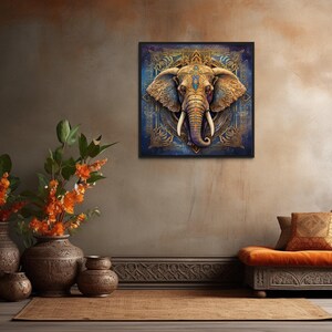a large elephant painting on a wall, surrounded by decorative vases with orange flowers, a sofa, and a rug.