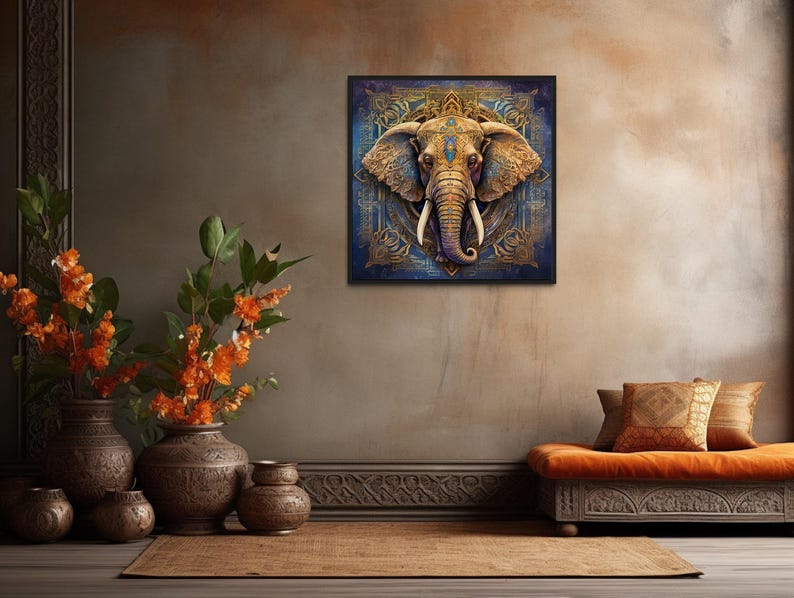 a large elephant painting on a wall, surrounded by decorative vases with orange flowers, a sofa, and a rug.