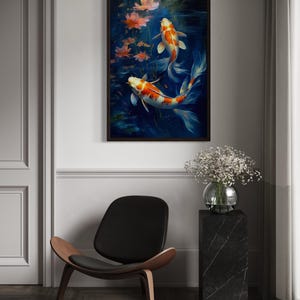 a serene indoor setting with a framed painting of two koi fish swimming in a pond, a black leather chair, and a vase of white flowers on a black pedestal.