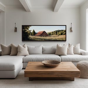 Red Barn Landscape Long Horizontal Canvas Print - Rustic Farmhouse Bedroom Wall Art Framed Ready To Hang