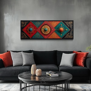 Modern Indian Wall Art - Long Horizontal Canvas With Traditional Decorative Indian Patterns, Living Room Cultural Wall Decor In Jewel Tones