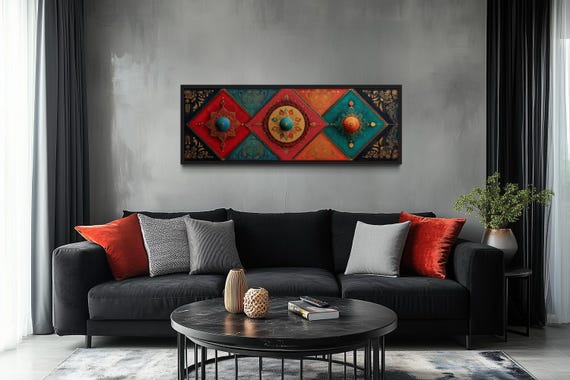 Modern Indian Wall Art - Long Horizontal Canvas With Traditional Decorative Indian Patterns, Living Room Cultural Wall Decor In Jewel Tones