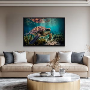 a large painting of a sea turtle swimming underwater, hanging on the wall above a beige sofa in a modern living room setting.
