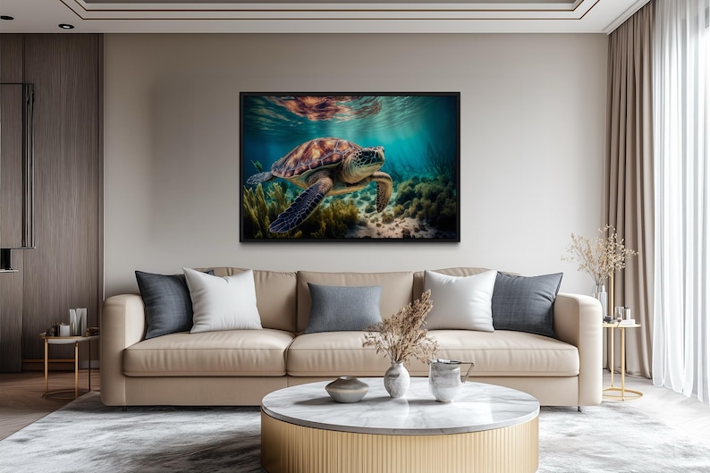 a large painting of a sea turtle swimming underwater, hanging on the wall above a beige sofa in a modern living room setting.