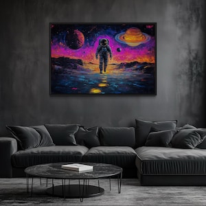 Astronaut On Alien Planet Wall Art – Futuristic Sci-Fi Space Canvas For Man Cave Or Gaming Room Framed Ready To Hang