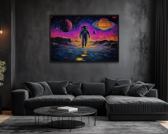 Astronaut On Alien Planet Wall Art – Futuristic Sci-Fi Space Canvas For Man Cave Or Gaming Room Framed Ready To Hang