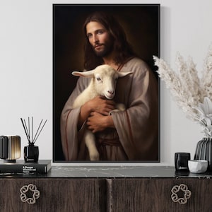 Jesus And Lamb Painting Canvas PRINT, Christian Wall Art, Biblical Lost Sheep Modern Wall Decor Framed Unframed Ready To Hang