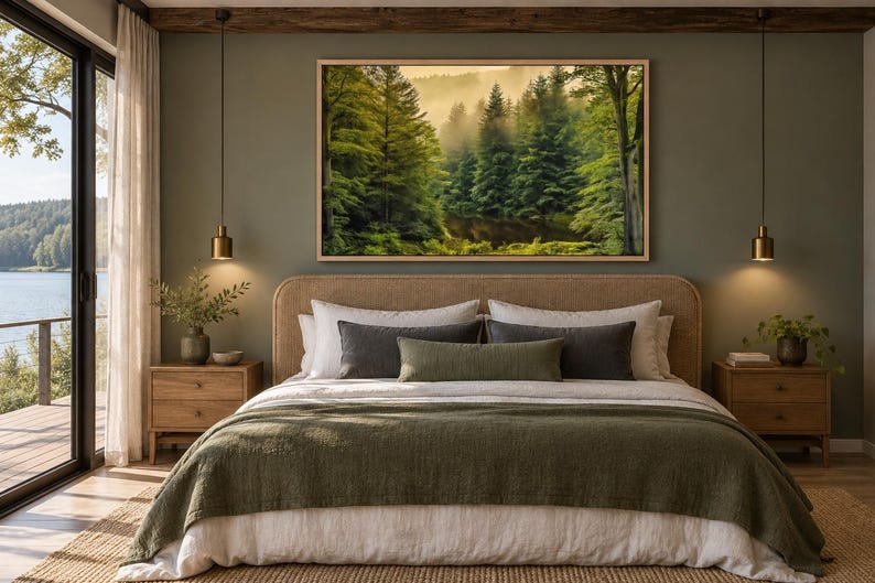 May include: A rectangular framed wall art print featuring a misty forest landscape with dense green pine trees and soft golden light, displayed above a bed with a textured olive green coverlet, white linens, and dark gray accent pillows.