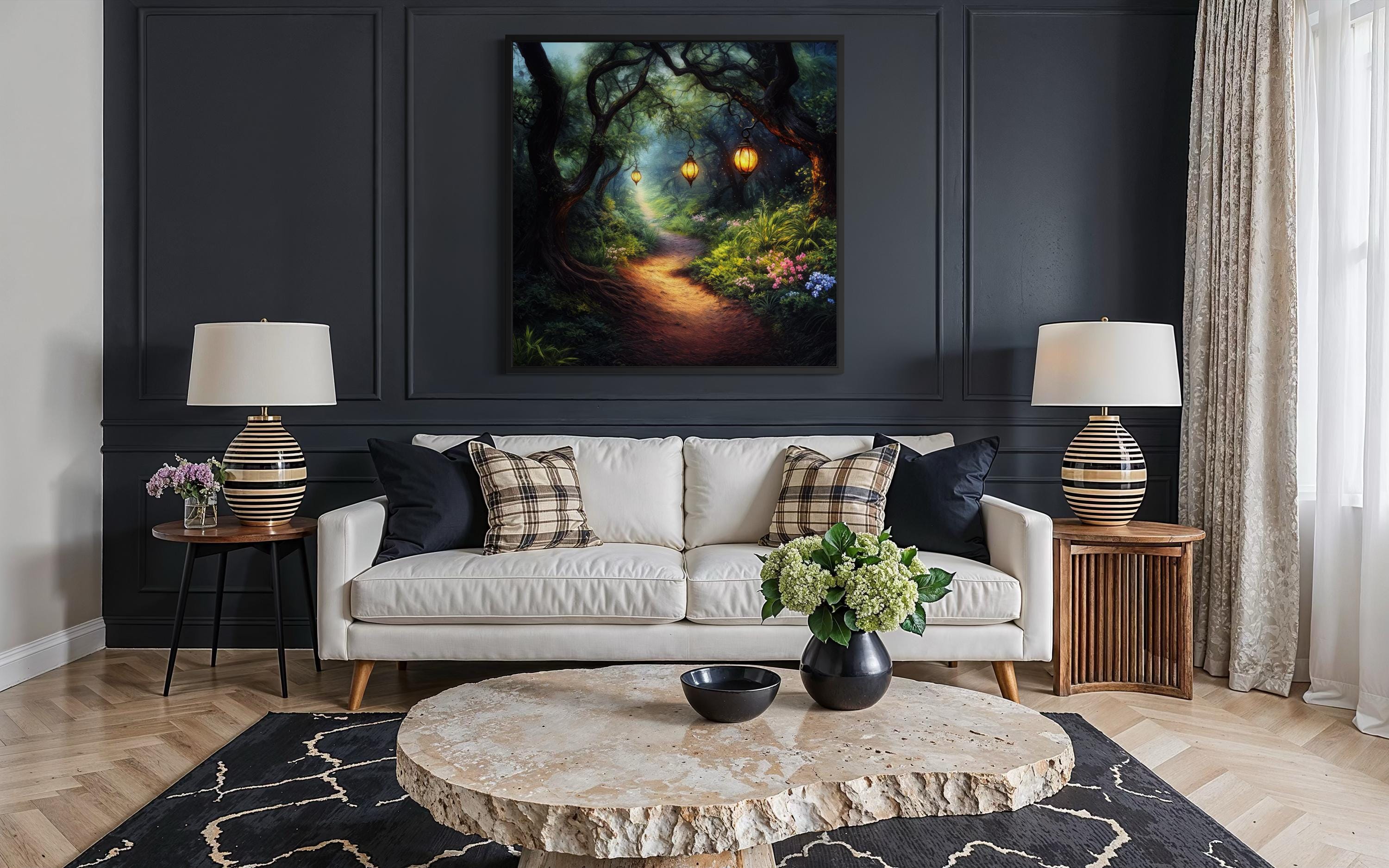 Enchanted Forest Path Wall Art – Glowing Lantern Woodland Fantasy ...