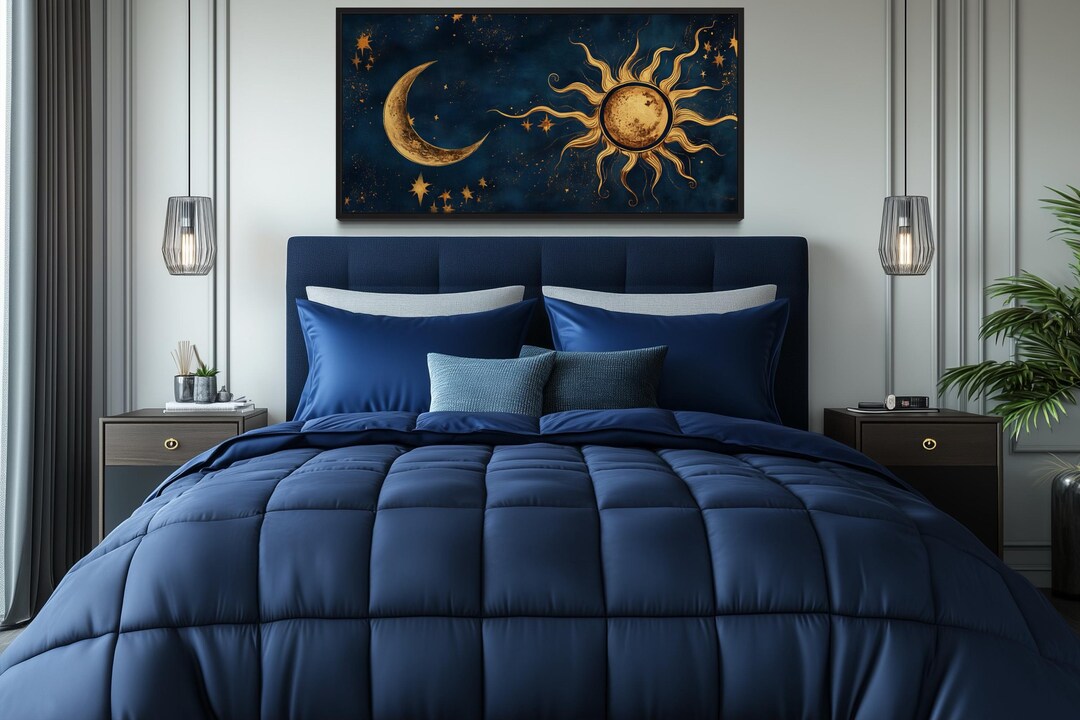 Navy Blue Gold Sun and Moon Wall Art, Celestial Painting Canvas PRINT ...