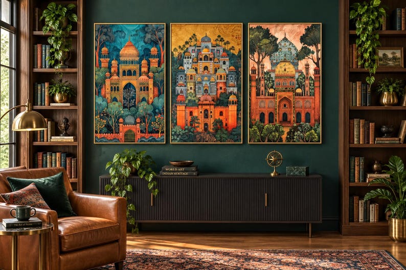 May include: A set of three rectangular wall art prints featuring detailed architectural illustrations of ornate palaces with domes and arches, rendered in vibrant shades of orange, blue, and green, displayed in thin gold frames on a dark wall.