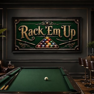 Rack Em Up Vintage Billiards Sign, Pool Table Balls and Cues Man Cave Wall Art, Game Room Canvas Print