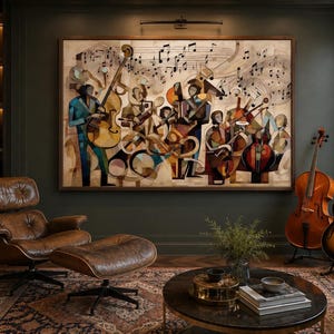 May include: A large rectangular wall art piece featuring a cubist-style painting of a jazz ensemble with musicians playing string instruments and brass, surrounded by floating musical notes, displayed in a room with a leather lounge chair.
