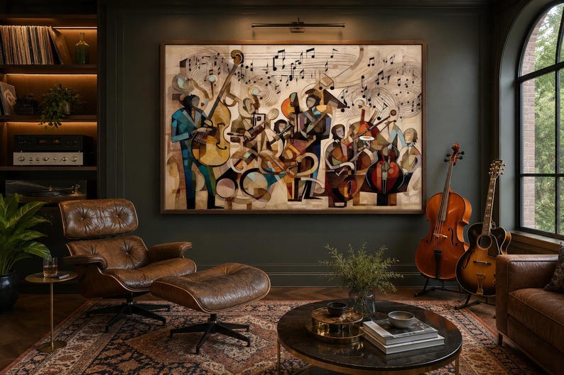 May include: A large rectangular wall art piece featuring a cubist-style painting of a jazz ensemble with musicians playing string instruments and brass, surrounded by floating musical notes, displayed in a room with a leather lounge chair.