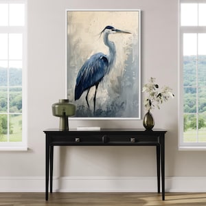 Blue Heron Abstract Modern Painting Canvas PRINT, Coastal Waterbird Artwork, Lake House Wall Art, Rustic Cabin Decor, Framed Ready To Hang