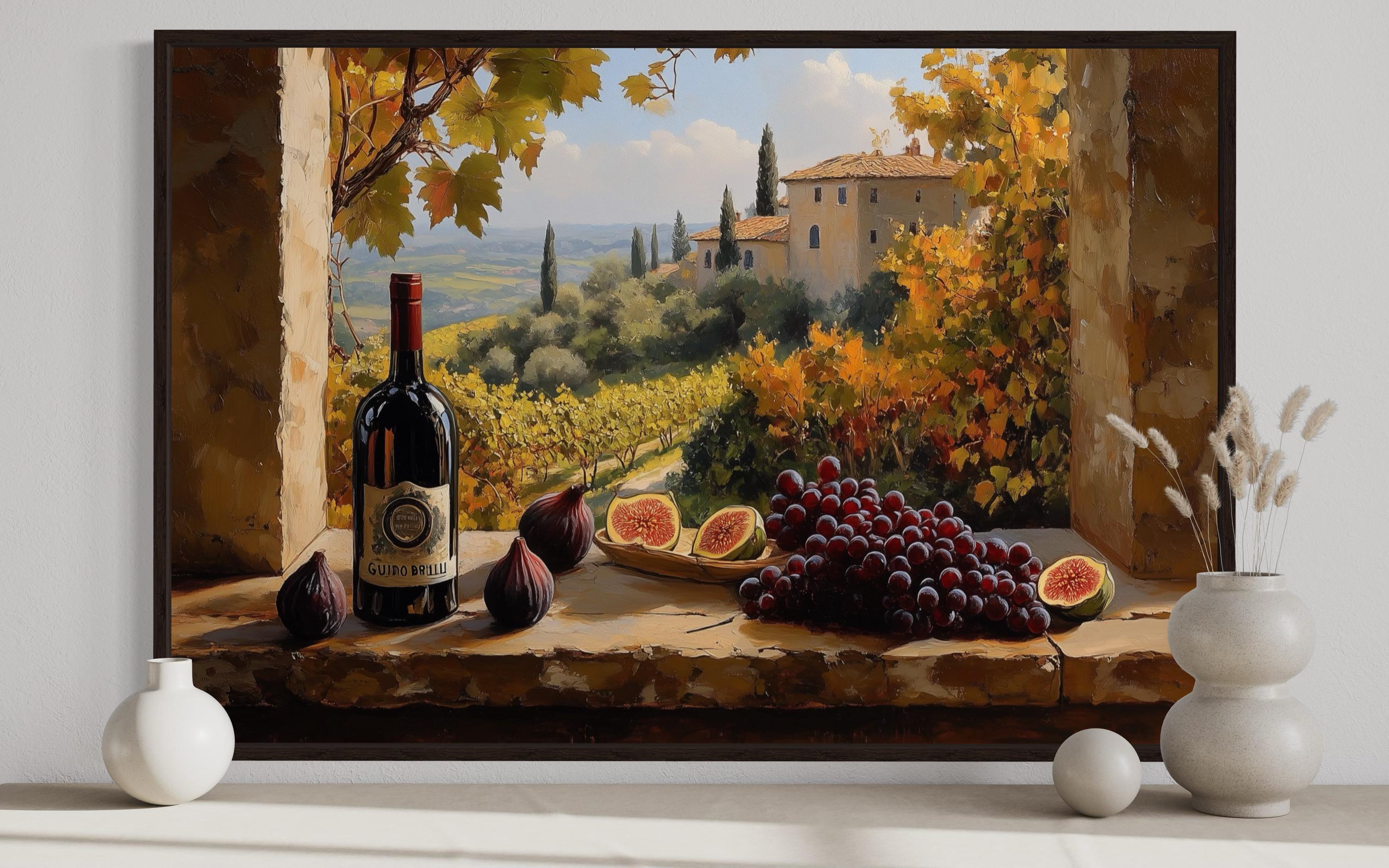 Tuscan Window Rvt Tuscany Vineyard Window View Wall Art, Wine Bottle and Grapes Painting ...