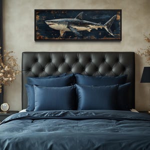 Great White Shark Long Horizontal Canvas Print, Nautical Ocean Beach House Wall Art, Above Bed Coastal Decor Framed Ready To Hang