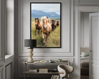 Running Horses in Mountain Field Photography Style Wall Art – Western Rustic Horse Canvas, Wild Herd Nature Scene for Home or Office