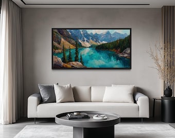 Lake Moraine Wall Art – Canadian Rockies Mountain Lake Canvas Print, Turquoise Water Landscape Painting for Rustic Cabin or Home Décor