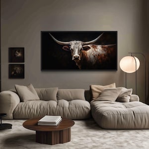 Texas Longhorn Cow Oil Painting Canvas Print, Longhorn Extra Large Wall Art, Farmhouse Decor Framed, Unframed, Ready To Hang