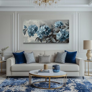 Framed Wall Art Light Blue Abstract Flowers Painting on Grey Large Canvas PRINT, Boho Horizontal Modern Living Room Wall Art Ready To Hang