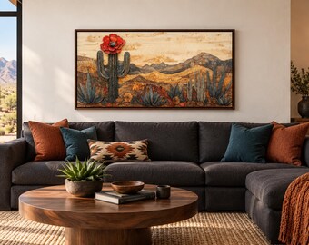 Desert With Blooming Cactus Wall Art, Wood Panel Desert Painting Canvas PRINT, Southwestern Wall Decor Framed Ready To Hang