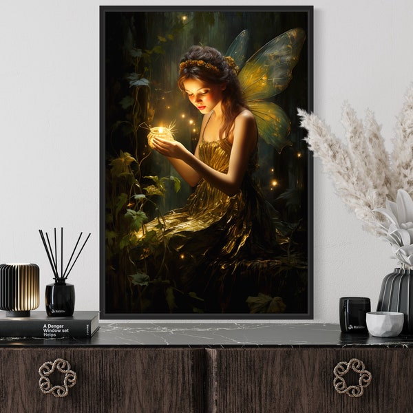 Fairy Painting - Beautiful Forest Fairy With Firefly - Girls Room Fantasy Vertical Wall Art Canvas Print Framed Unframed Ready To Hang