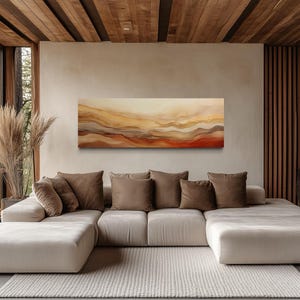 Over Bed Warm Earth Tone Wall Art Brown Beige Gold Panoramic Abstract Painting PRINT, Long Horizontal Canvas Framed, Unframed, Ready To Hang