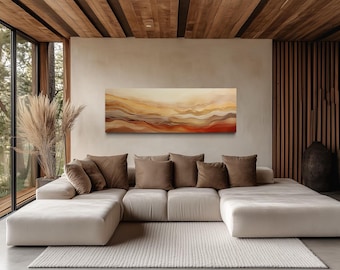 Over Bed Warm Earth Tone Wall Art Brown Beige Gold Panoramic Abstract Painting PRINT, Long Horizontal Canvas Framed, Unframed, Ready To Hang