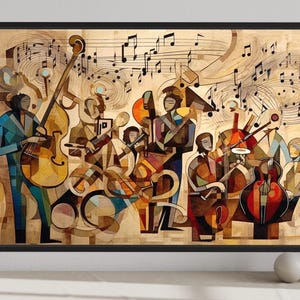 The image is a vibrant and colorful painting depicting a lively musical performance with various instruments and performers.