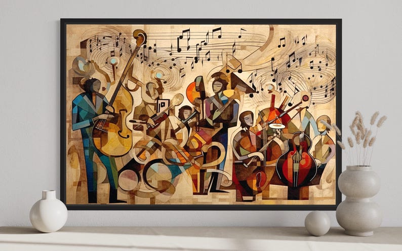 The image is a vibrant and colorful painting depicting a lively musical performance with various instruments and performers.