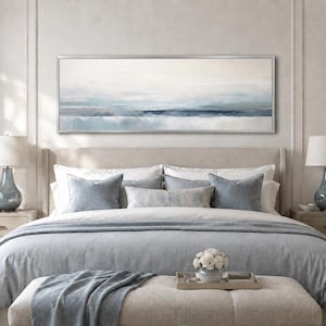 Over Bed Coastal Wall Art - Blue Gray Calm Watercolor Long Horizontal Painting Canvas Print  Minimalist Abstract Framed Ready To Hang