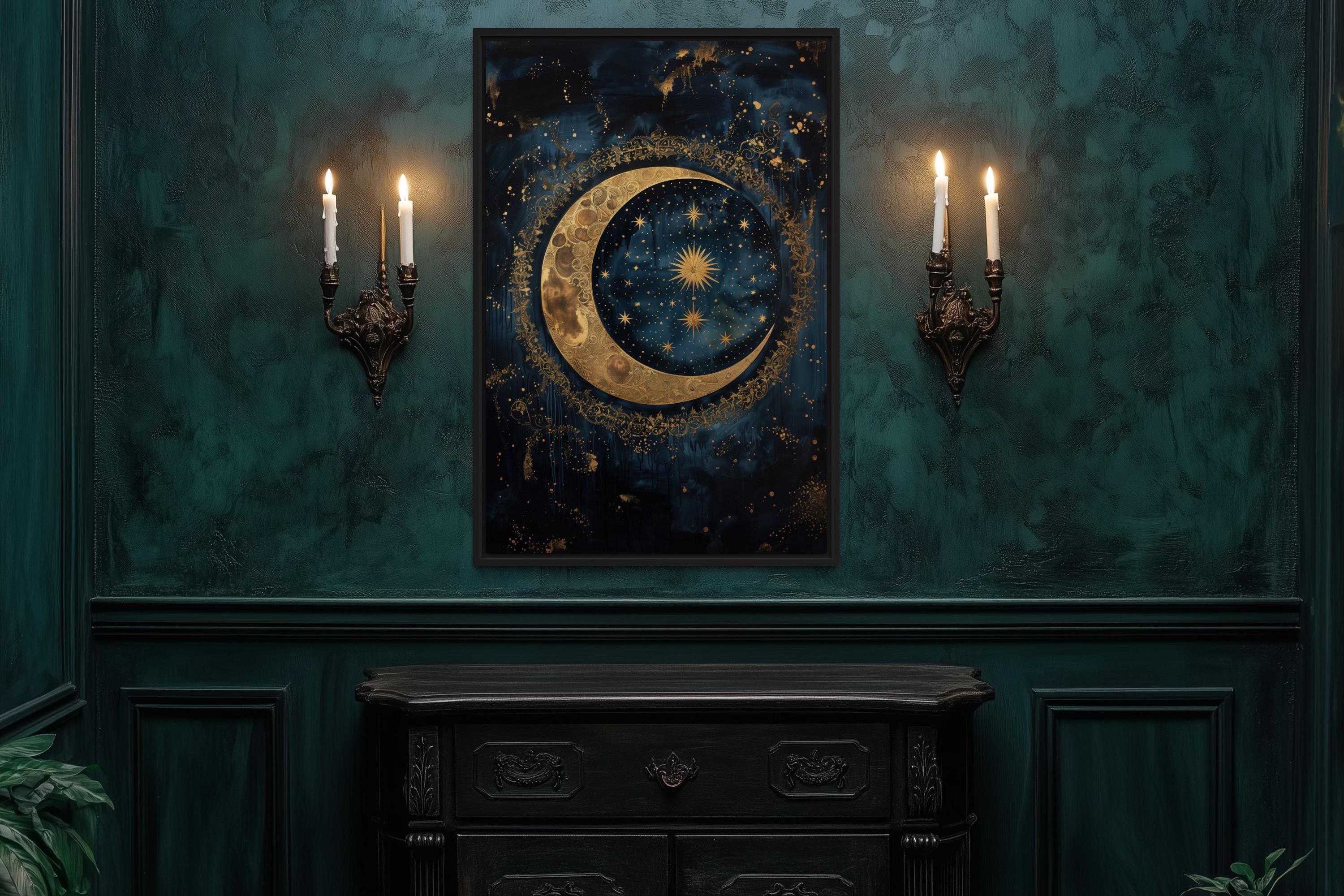 Celestial Moon and Stars Wall Art – Mystical Gold Crescent on Navy Blue ...