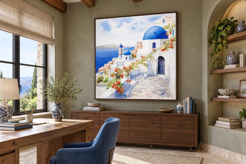 May include: A square wall art print featuring a Mediterranean coastal scene with white buildings, iconic blue domes, and vibrant orange flowers cascading over a stone path, all set against a bright blue sea and sky background.