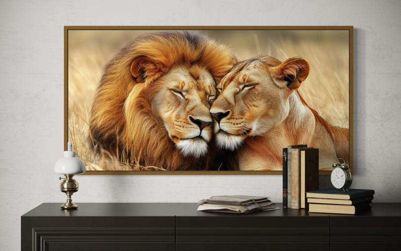 Lion and Lioness Wall Art, Photo Style Romantic Painting Canvas Print ...