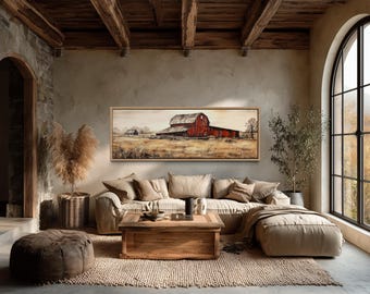 Old Red Barn Rustic Painting on Wood Canvas Print - Cabin, Farmhouse Wall Art, Retro Farm Wall Decor  Framed Unframed Ready To Hang
