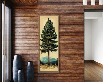 Tall Pine Tree Wall Art Print, Vertical Tree Landscape with Mountain Background, Rustic Nature Decor, Framed Ready To Hang