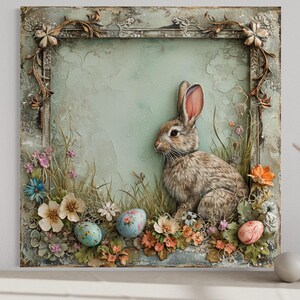 A decorative Easter-themed painting featuring a rabbit sitting amidst flowers and Easter eggs.