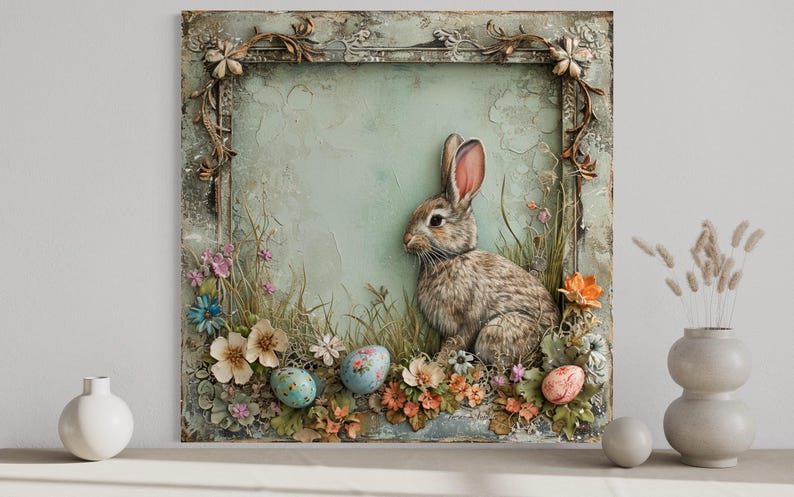 A decorative Easter-themed painting featuring a rabbit sitting amidst flowers and Easter eggs.