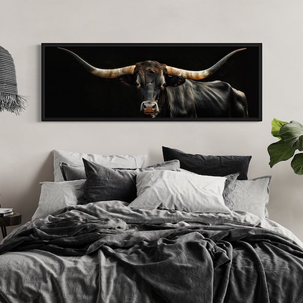 Black Texas Longhorn Cow Long  Horizontal Canvas Print - Photo Style Longhorn Steer Panoramic Wall Art - Framed Ready To Hang