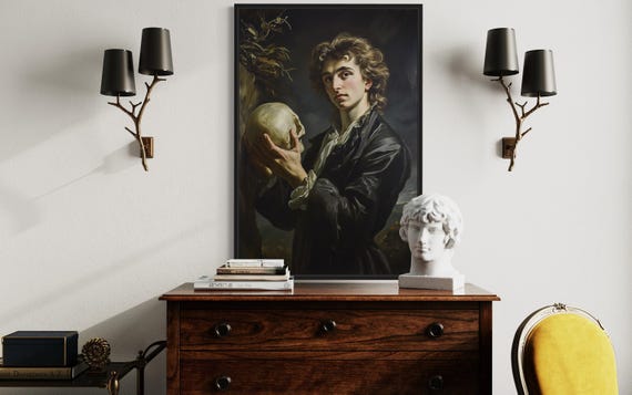 Hamlet And Skull Retro Painting Canvas PRINT, Shakespeare Dark Academia Library Wall Art, Literature Wall Decor Ready To Hang