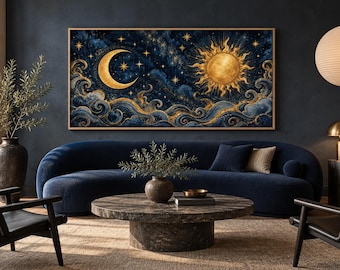 May include: A rectangular wall art piece featuring a celestial scene with a golden crescent moon and a radiant sun set against a deep blue starry night sky, with swirling dark blue and gold waves depicted along the bottom edge of the artwork.