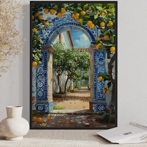 Portugal Wall Art Portuguese Doorway Adorned With Blue White Azulejos And Orange Trees, Travel Poster Framed Ready To Hang
