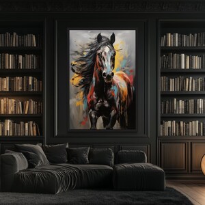 a modern living room with a large black sofa, a large painting of a horse, and a bookshelf filled with books.