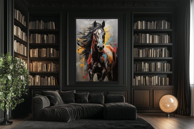 a modern living room with a large black sofa, a large painting of a horse, and a bookshelf filled with books.