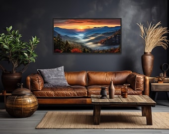 Great Smokey Mountains Sunset Photo Style Painting Canvas PRINT, Extra Large Office Wall Art, Living Room Landscape Wall Art, Ready To Hang