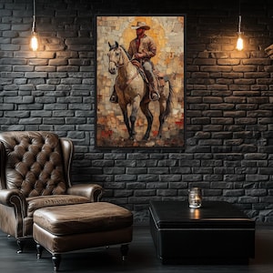 Cowboy on Horseback Wall Art – Western Canvas Print for Rustic Bar, Ranch, or Man Cave Decor – Vintage Style Framed and Ready To Hang