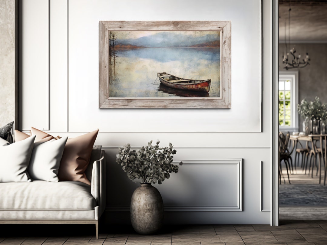 vintage-lakehouse-decor-lake-and-wooden-boat-painting-canvas-print